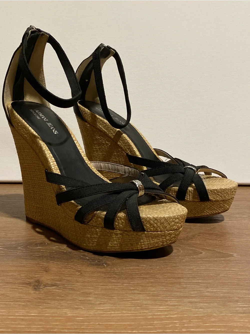 Armani Jeans Black Strappy Espadrille Platform Sandals